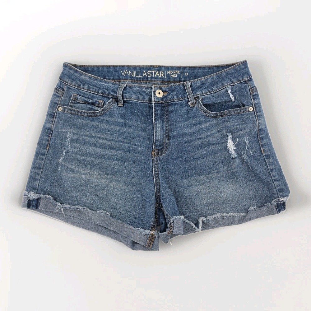 Vanilla Star Womens Mid Rise Midi Denim Shorts Blue Distressed Cuffed Size 13